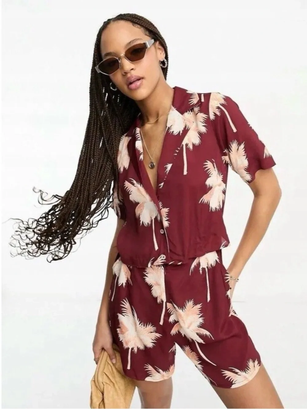 ASOS Burgundy Tropical Print High-Waist Shorts Romper Size 8 - Picture 1 of 5